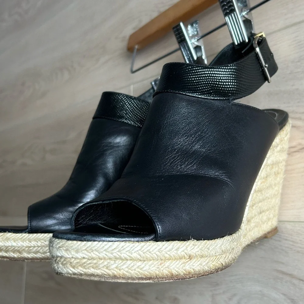 Balenciaga Black Leather Espadrille Wedge Sandals Size 10